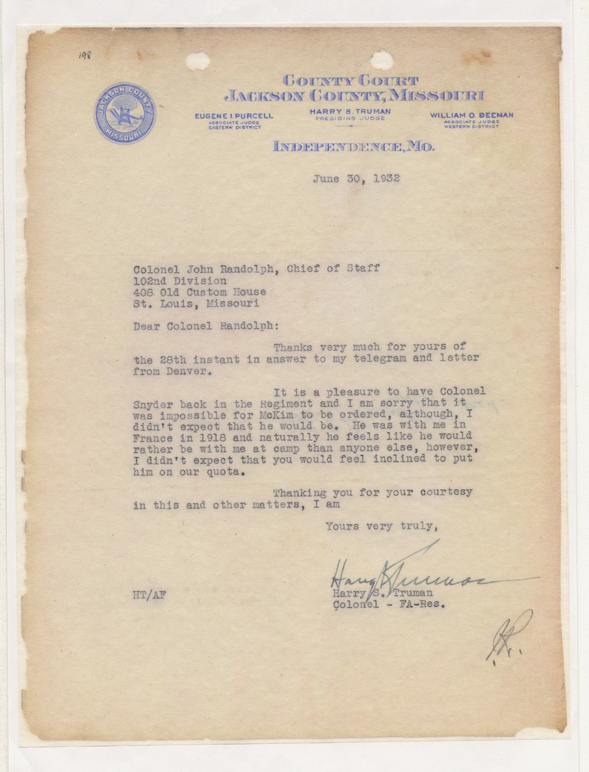 Correspondence Between Colonel Harry S. Truman and Colonel John Randolph