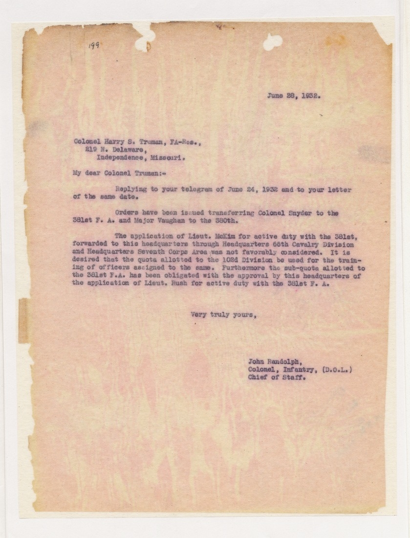 Correspondence Between Colonel Harry S. Truman and Colonel John Randolph