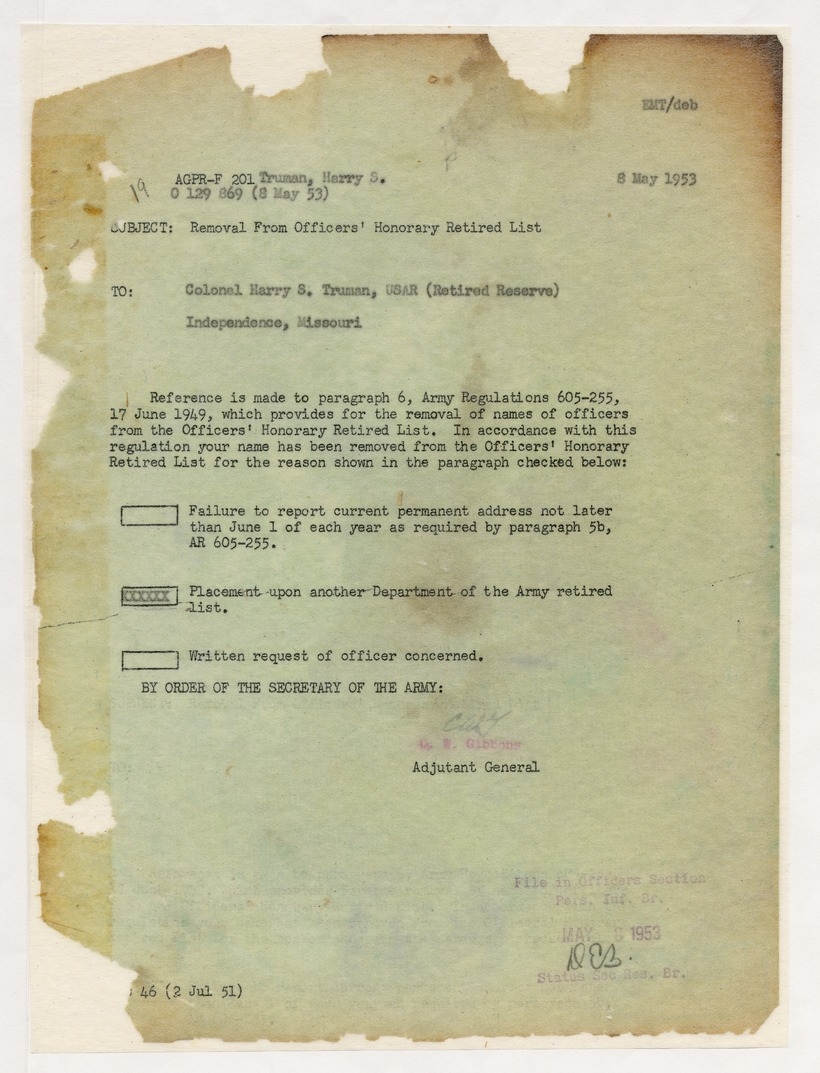 Memorandum from Adjutant General C. W. Gibbons to Colonel Harry S. Truman