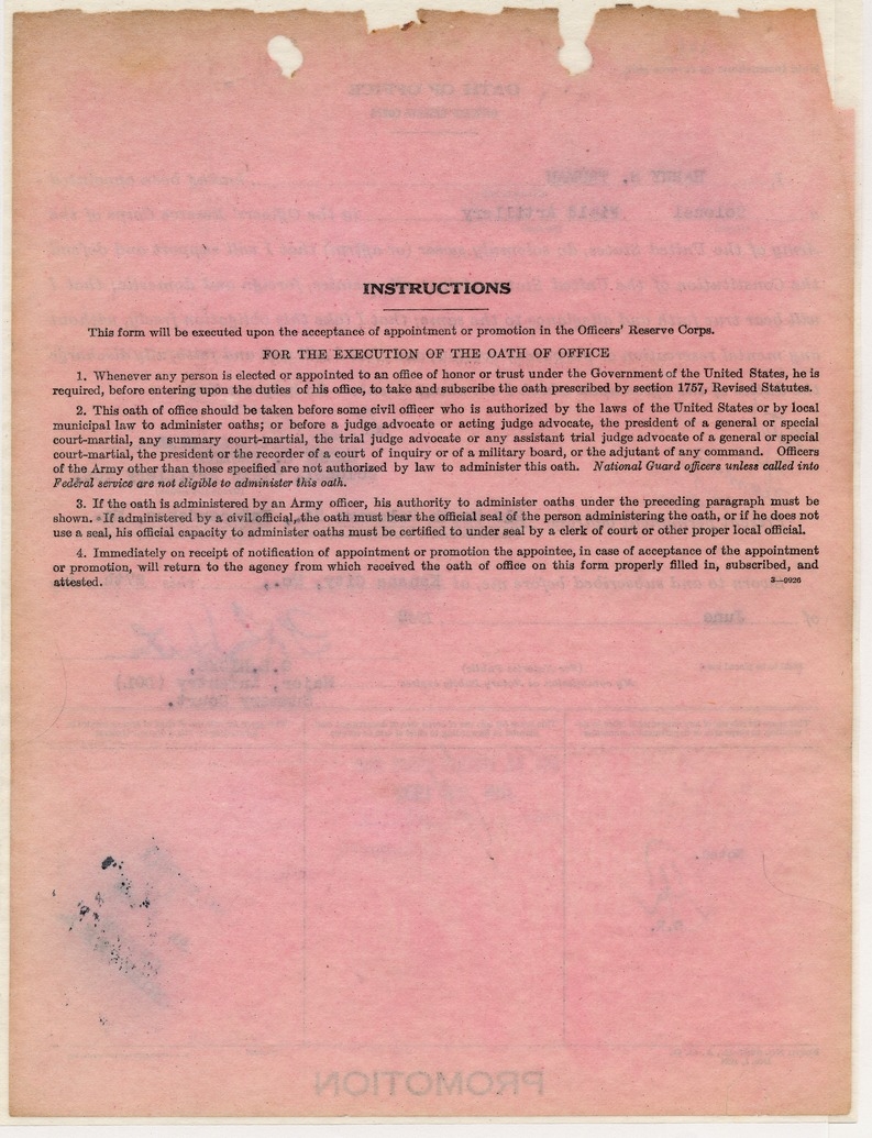 Oath of Office for Officers' Reserve Corps for Colonel Harry S. Truman