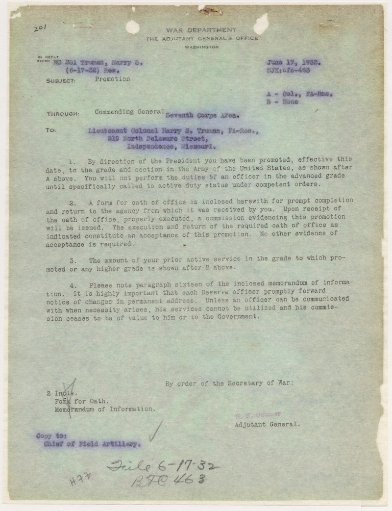 Memorandum frmo the Adjutant General to Lieutenant Colonel Harry S. Truman