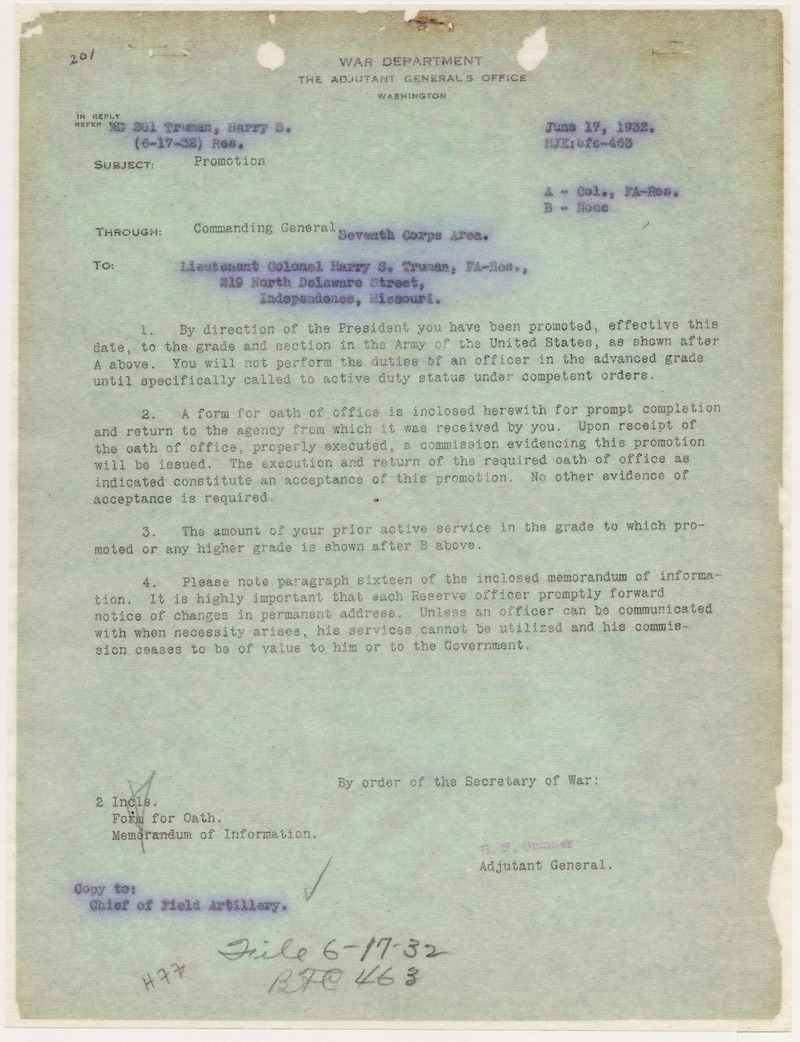 Memorandum frmo the Adjutant General to Lieutenant Colonel Harry S. Truman