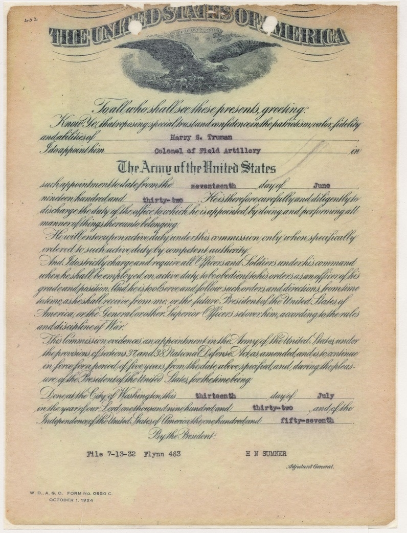Certificate of Commission in the Army of the United States for Colonel Harry S. Truman