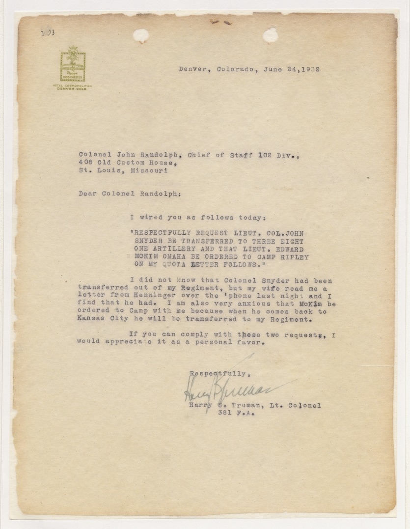 Correspondence Between Colonel Harry S. Truman and Colonel John Randolph