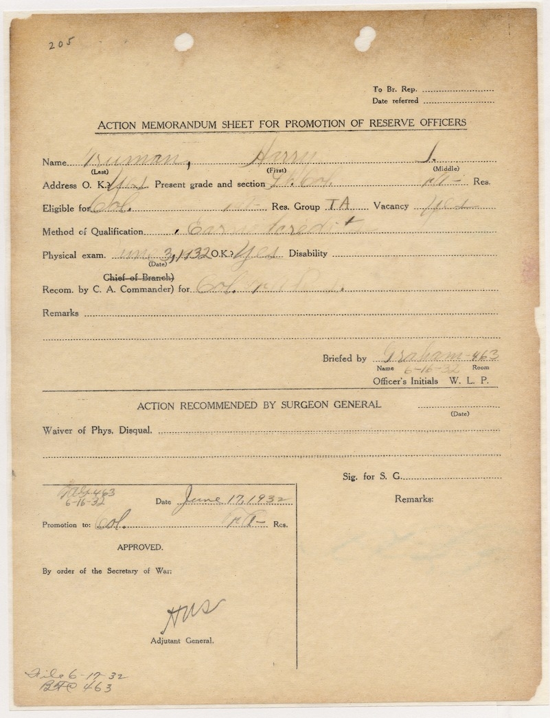 Action Memorandum Sheet for Promotion of Reserve Officers for Lieutenant Colonel Harry S. Truman