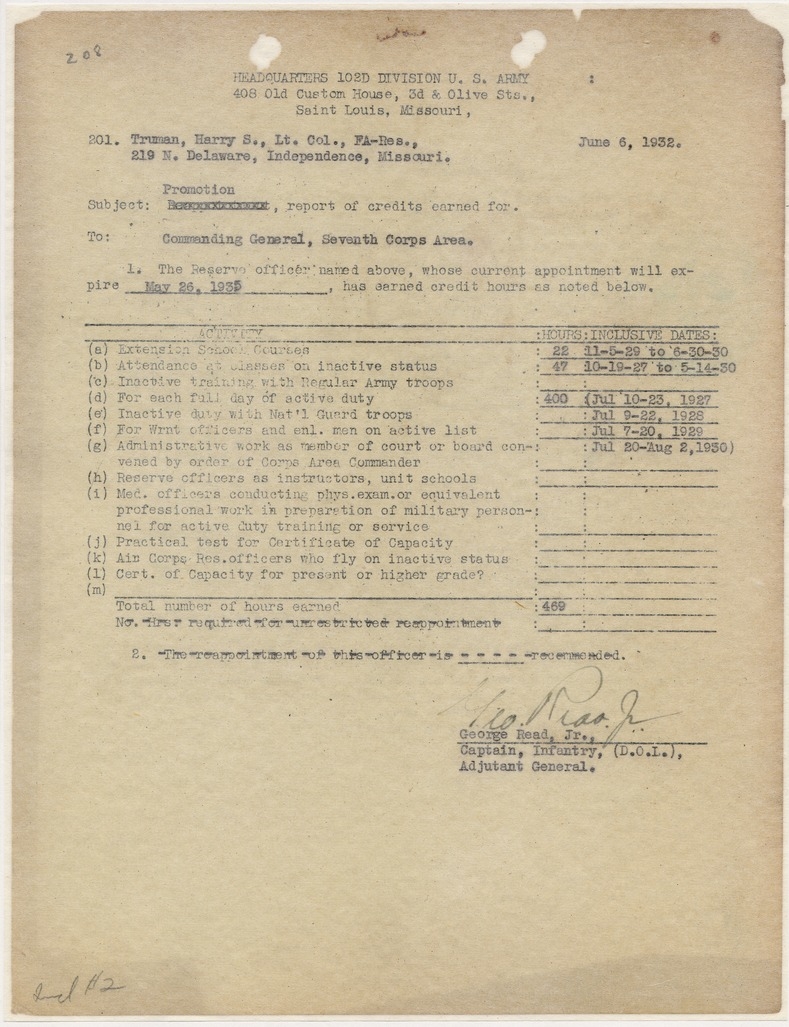 Report of Credits Earned for Promotion for Harry S. Truman