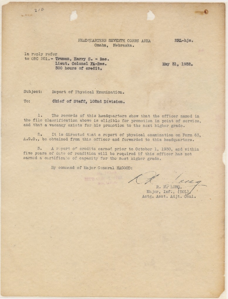 Memorandum from Major R. R. Long to the Chief of Staff, 102nd Division