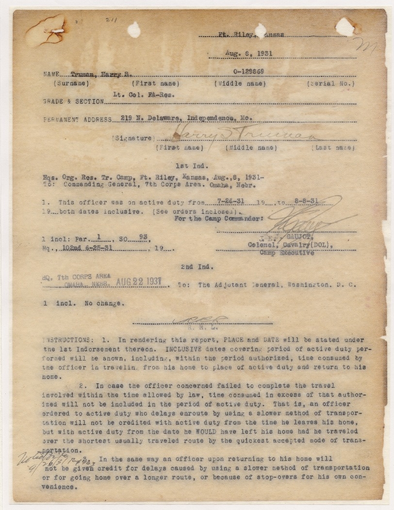 Active Duty Report for Lieutenant Colonel Harry S. Truman