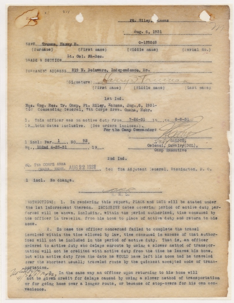 Active Duty Report for Lieutenant Colonel Harry S. Truman