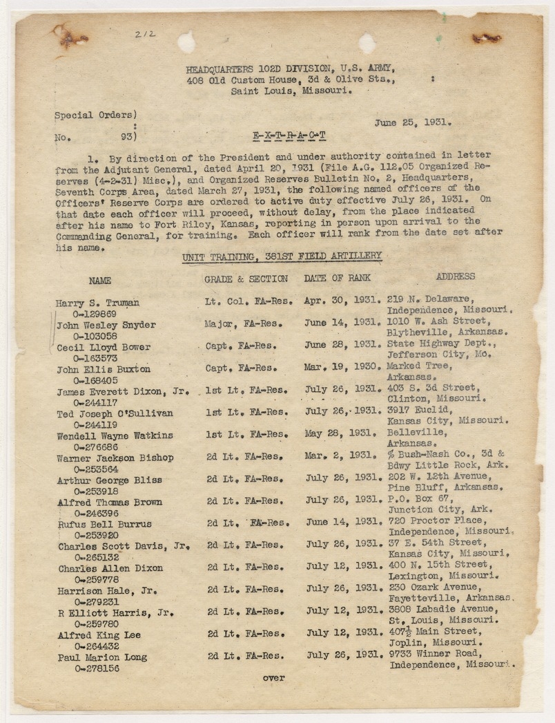 Special Orders No. 93, Call to Active Duty for Lieutenant Colonel Harry S. Truman