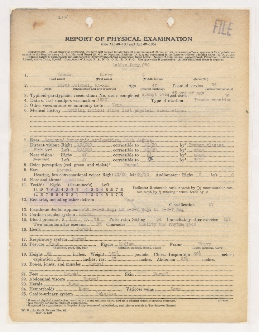 Report of Physical Examination for Lieutenant Colonel Harry S. Truman