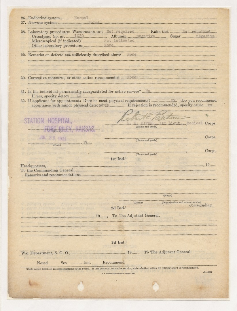 Report of Physical Examination for Lieutenant Colonel Harry S. Truman