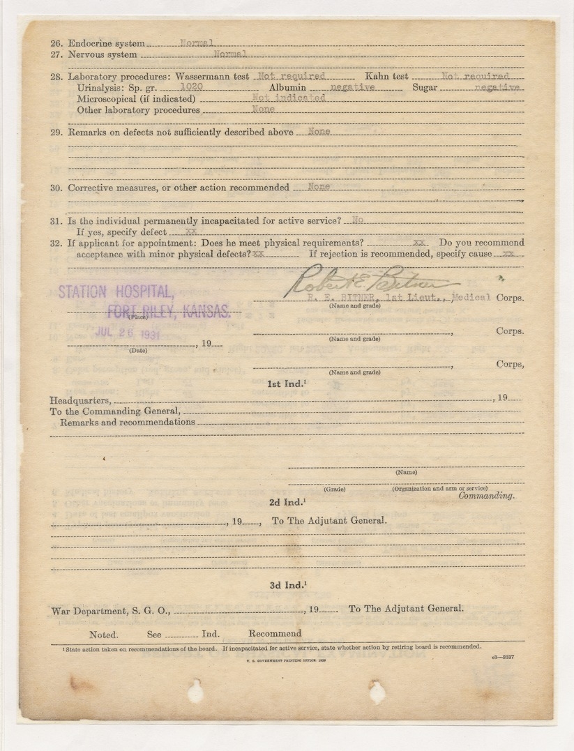 Report of Physical Examination for Lieutenant Colonel Harry S. Truman