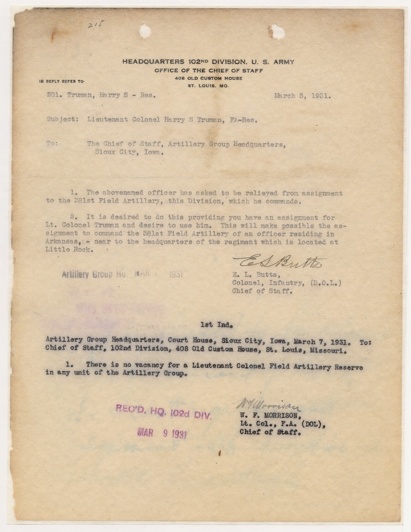 Correspondence Between Colonel E. L. Butts and Lieutenant Colonel W. F. Morrison