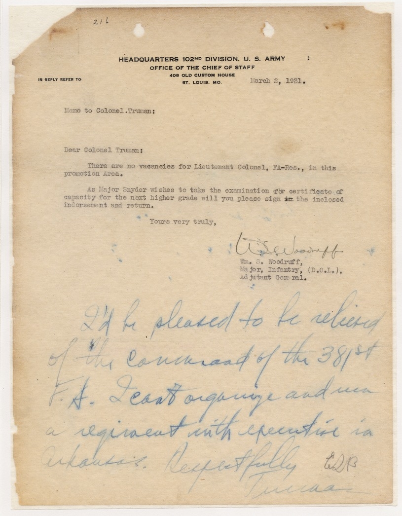 Memorandum from Major William S. Woodruff to Colonel Harry S. Truman