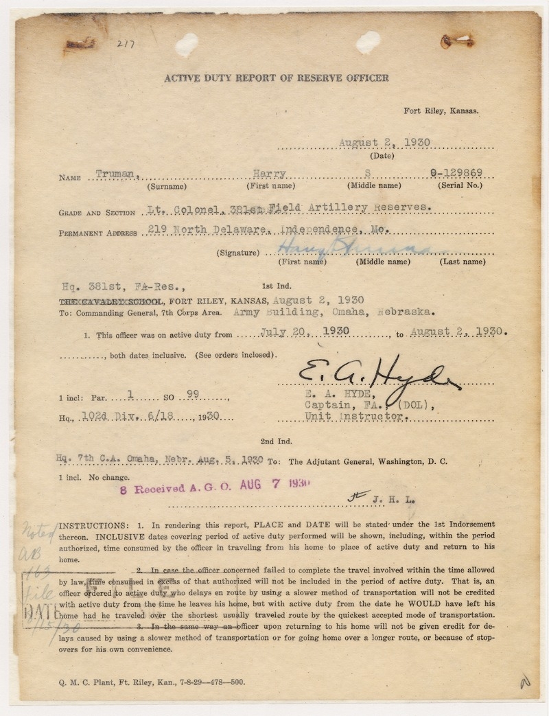 Active Duty Report of Reserve Officer for Lieutenant Colonel Harry S. Truman