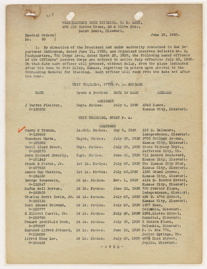 Special Orders No. 99, Call to Active Duty for Lieutenant Colonel Harry S. Truman