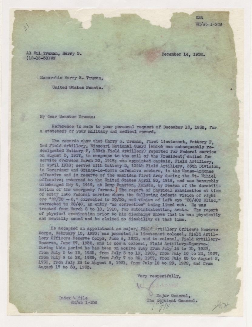 Memorandum from the Adjutant General to Senator Harry S. Truman