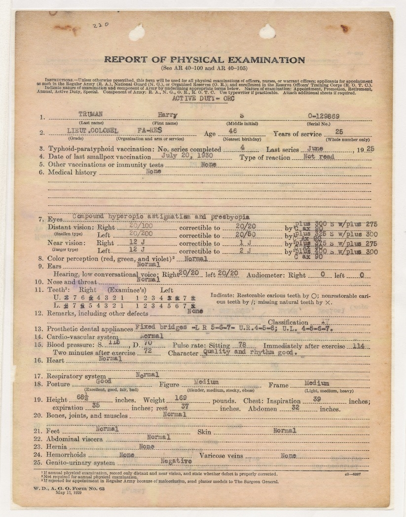 Report of Physical Examination for Lieutenant Colonel Harry S. Truman