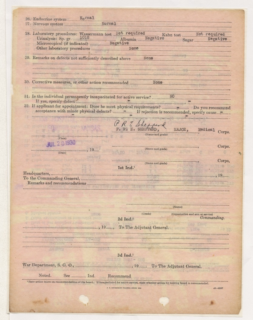 Report of Physical Examination for Lieutenant Colonel Harry S. Truman