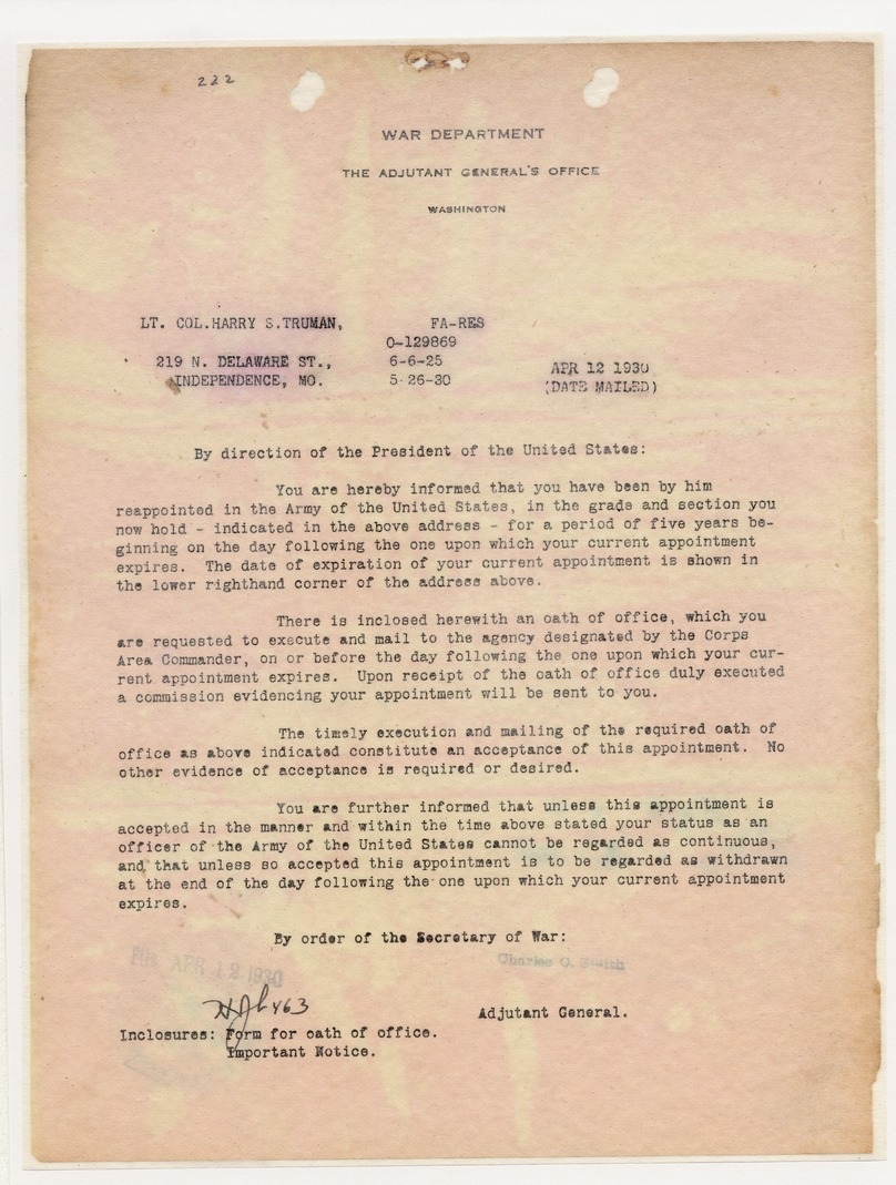 Memorandum from Adjutant General's Office to Lieutenant Colonel Harry S. Truman