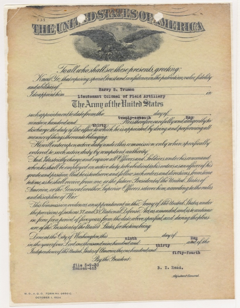 Certificate of Appointment in the Army of the United States for Lieutenant Colonel Harry S. Truman