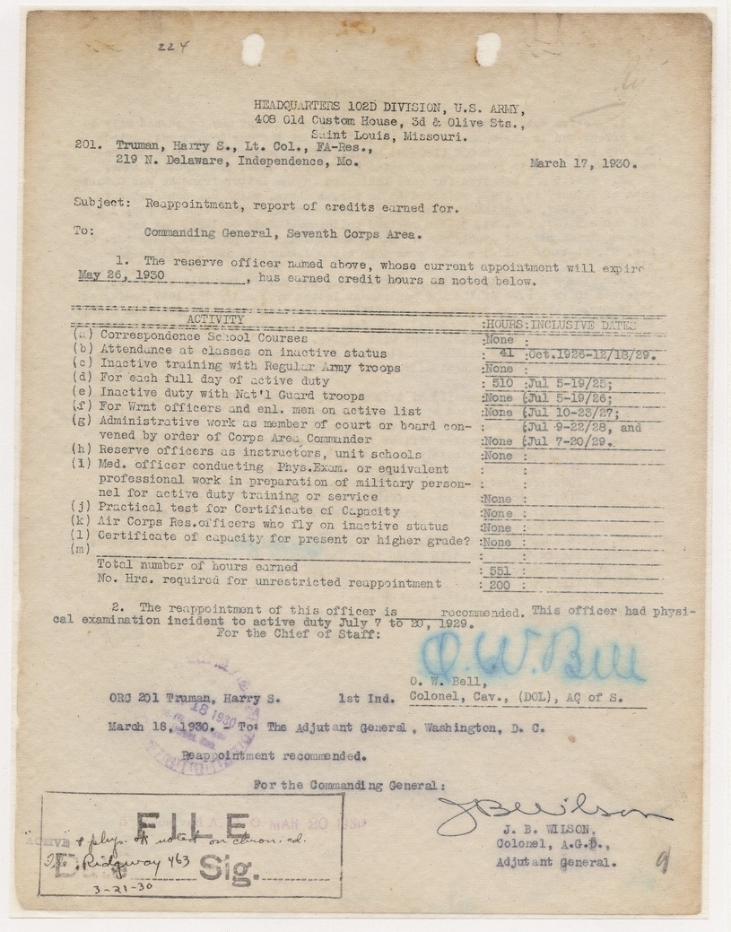 Report of Credits Earned for Reappointment for Lieutenant Colonel Harry S. Truman