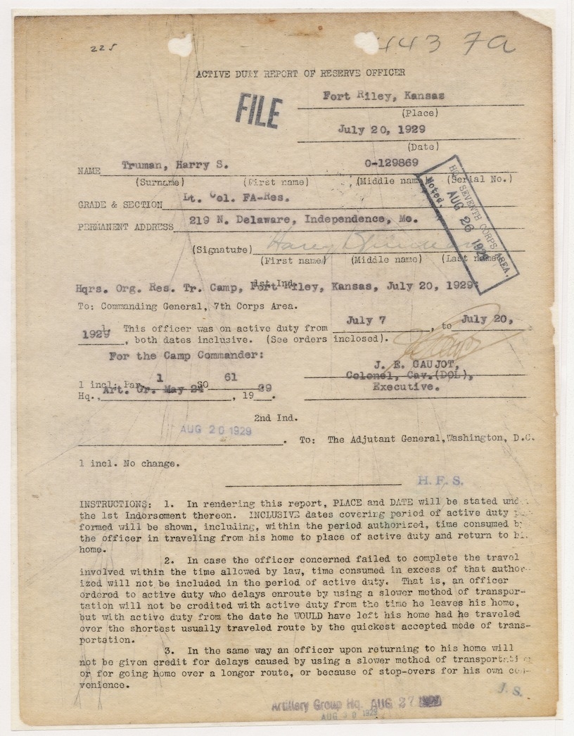 Active Duty Report of Reserve Officer for Lieutenant Colonel Harry S. Truman
