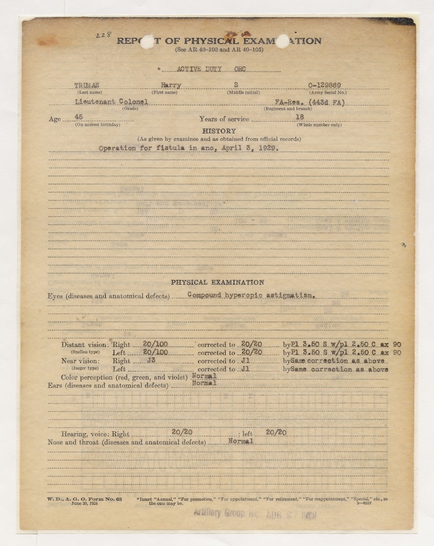 Report of Physical Examination for Harry S. Truman