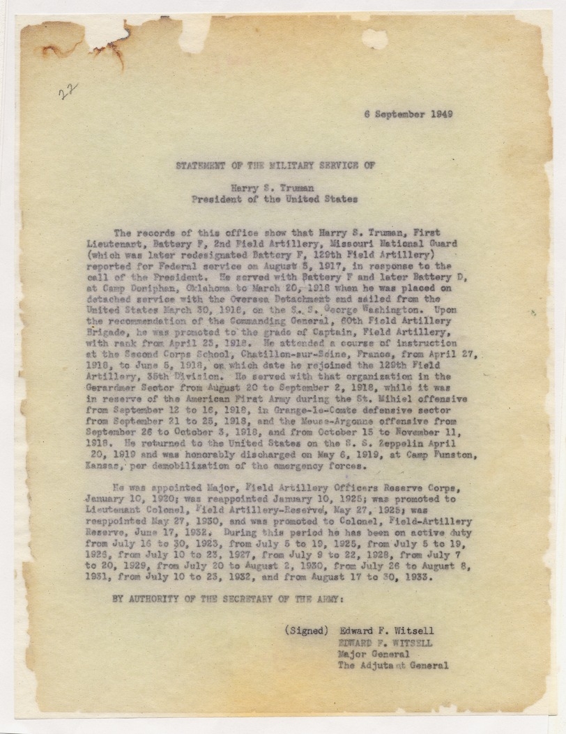 Statement of the Military Service of President Harry S. Truman