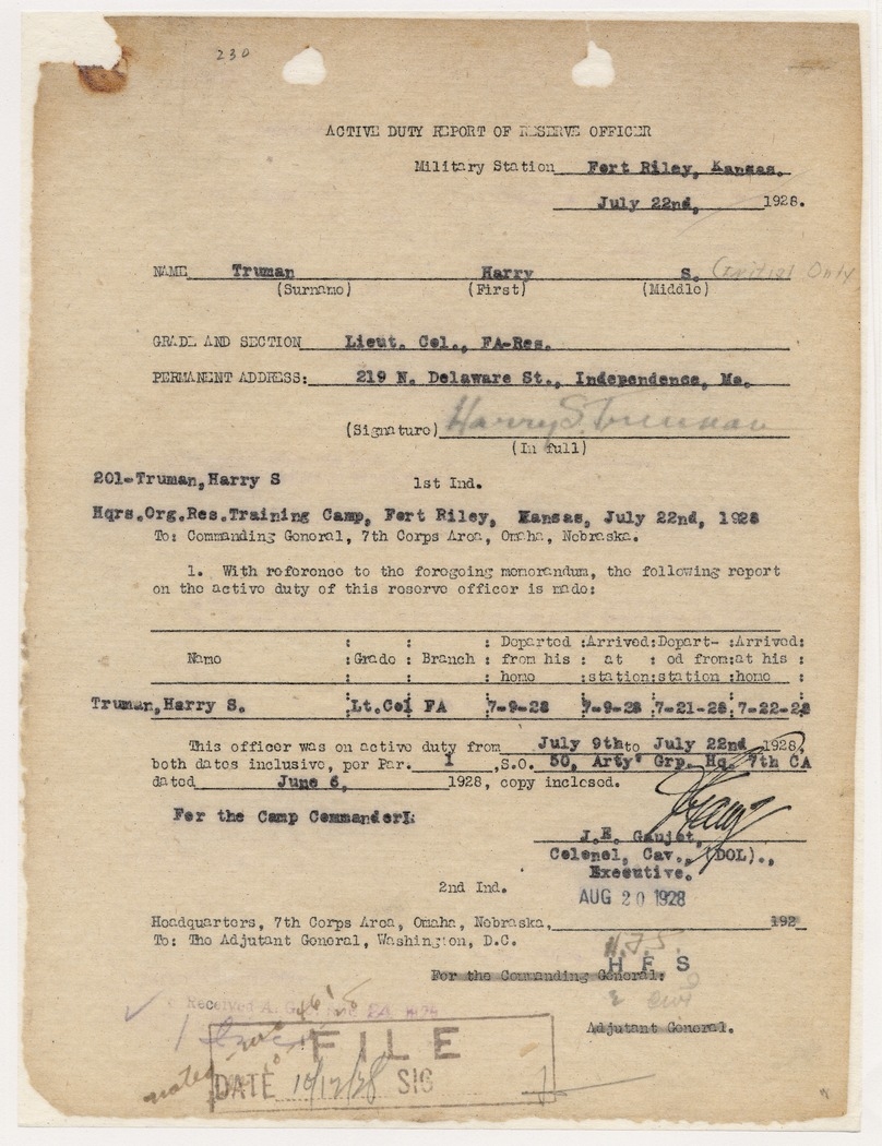 Active Duty Report of Reserve Officer for Lieutenant Colonel Harry S. Truman