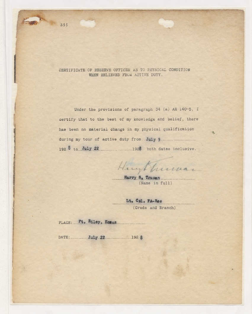 Certificate of Reserve Officer as to Physical Condition When Relieved from Active Duty for Lieutenant Colonel Harry S. Truman