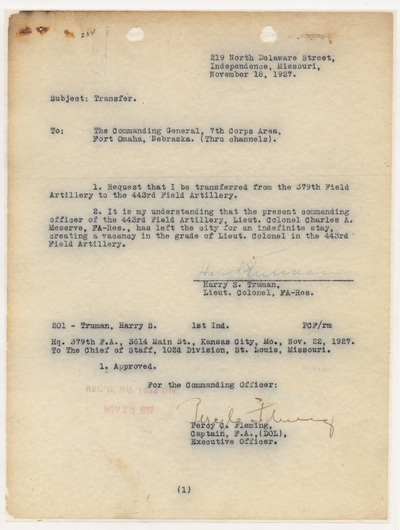 Memorandum from Lieutenant Colonel Harry S. Truman to Commanding General, 7th Corps Area