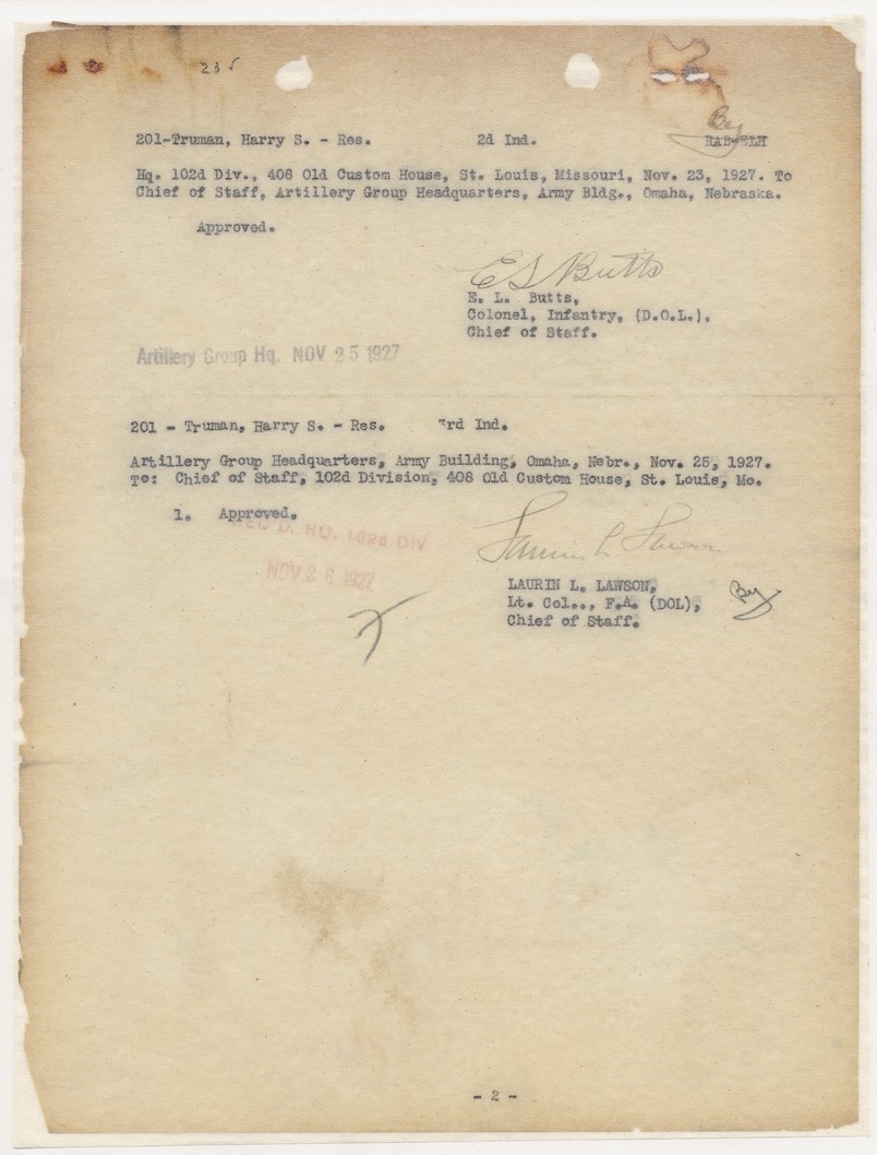 Memorandum from Colonel E. L. Butts to Chief of Staff, Artillery Group Headquarters