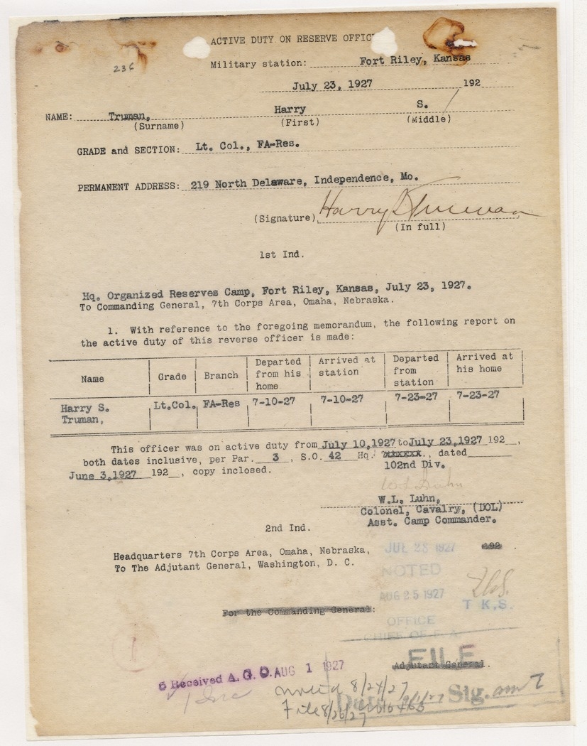 Active Duty on Reserve Officer Report for Lieutenant Colonel Harry S. Truman