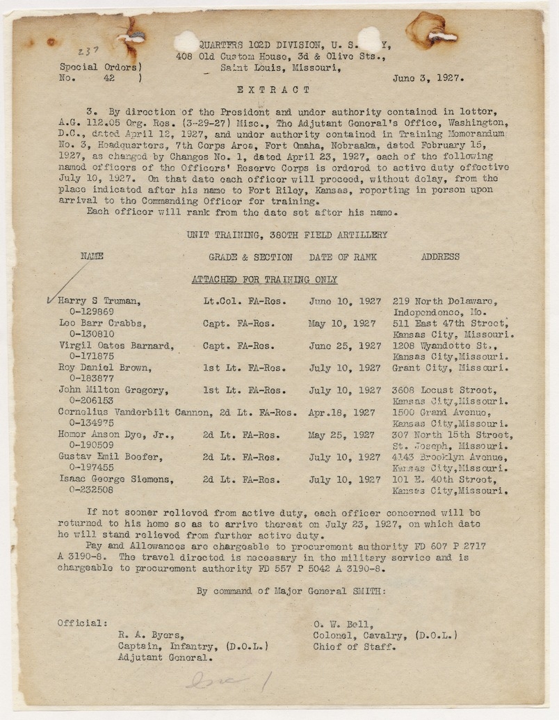 Special Orders No. 42, Call to Active Duty for Lieutenant Colonel Harry S. Truman