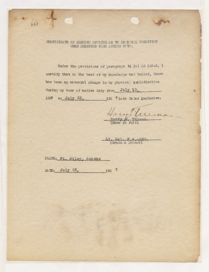 Certificate of Reserve Officer as to Physical Condition When Relieved from Active Duty for Lieutenant Colonel Harry S. Truman