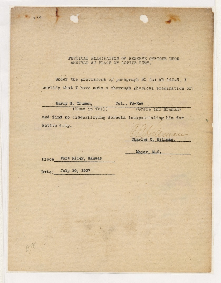 Physical Examination of Reserve Officer upon Arrival at Place of Active Duty for Colonel Harry S. Truman
