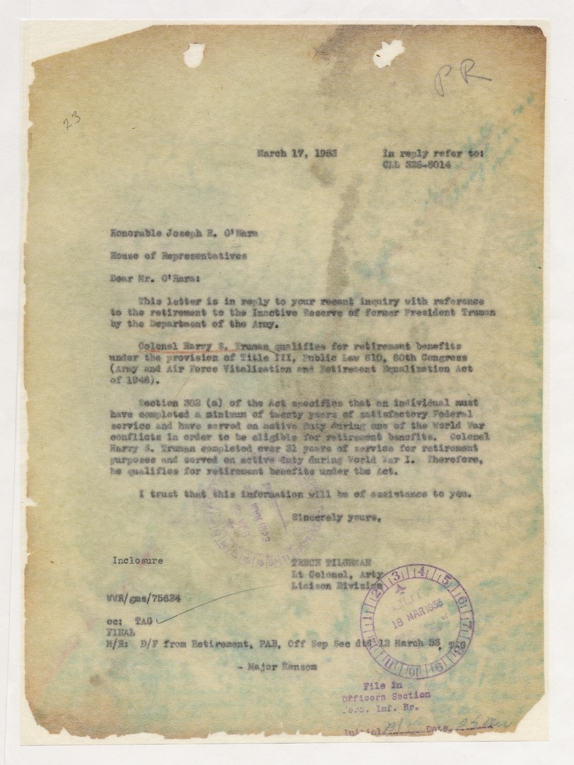 Memorandum from Lieutenant Colonel Tench Tilghman to Representative Joseph P. O'Hara