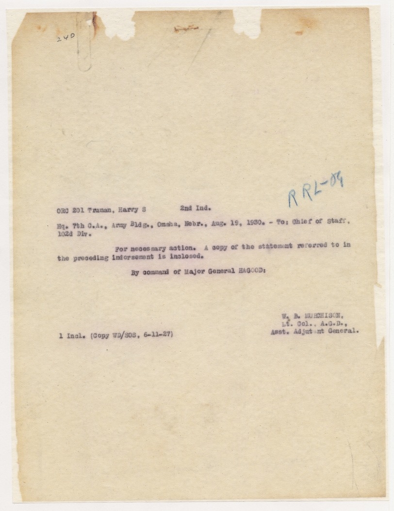 Memorandum from Lieutenant Colonel W. B. Murchison to Chief of Staff, 102d Division