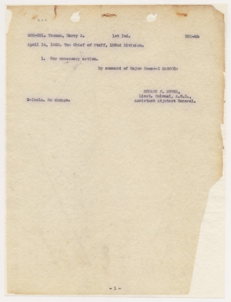 Memorandum from Adjutant General's Office to Lieutenant Colonel Harry S. Truman