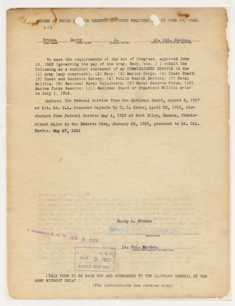 Record of Prior Service Reserve Officers Required for Lieutenant Colonel Harry S. Truman