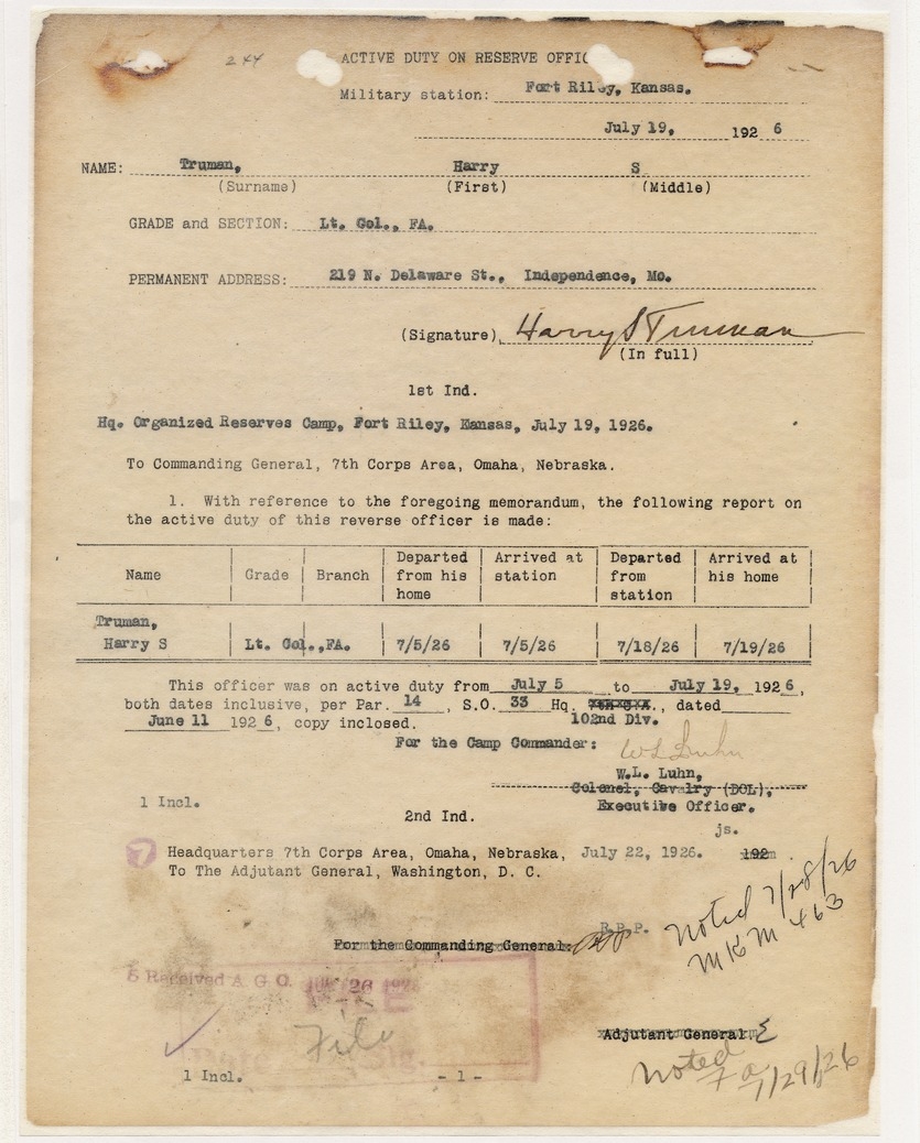 Active Duty on Reserve Officer Form for Lieutenant Colonel Harry S. Truman