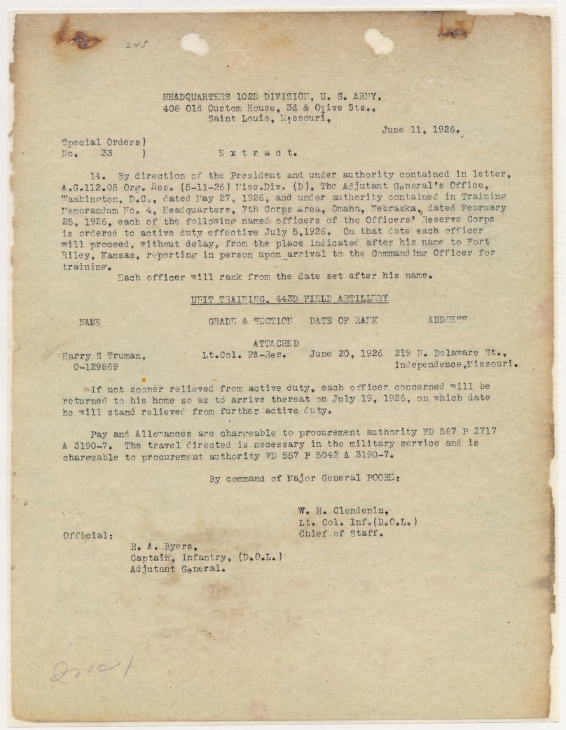 Call to Active Duty Special Orders No. 33 for Lieutenant Colonel Harry S. Truman