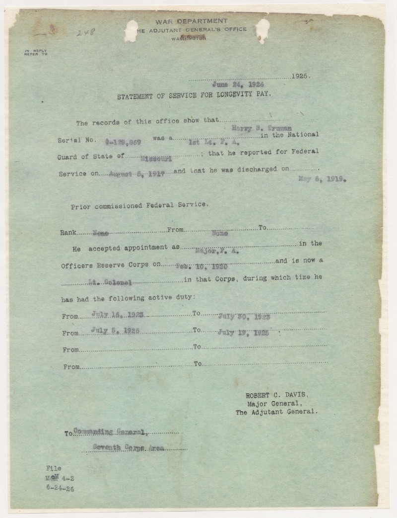 Statement of Service for Longevity Pay for Lieutenant Colonel Harry S. Truman