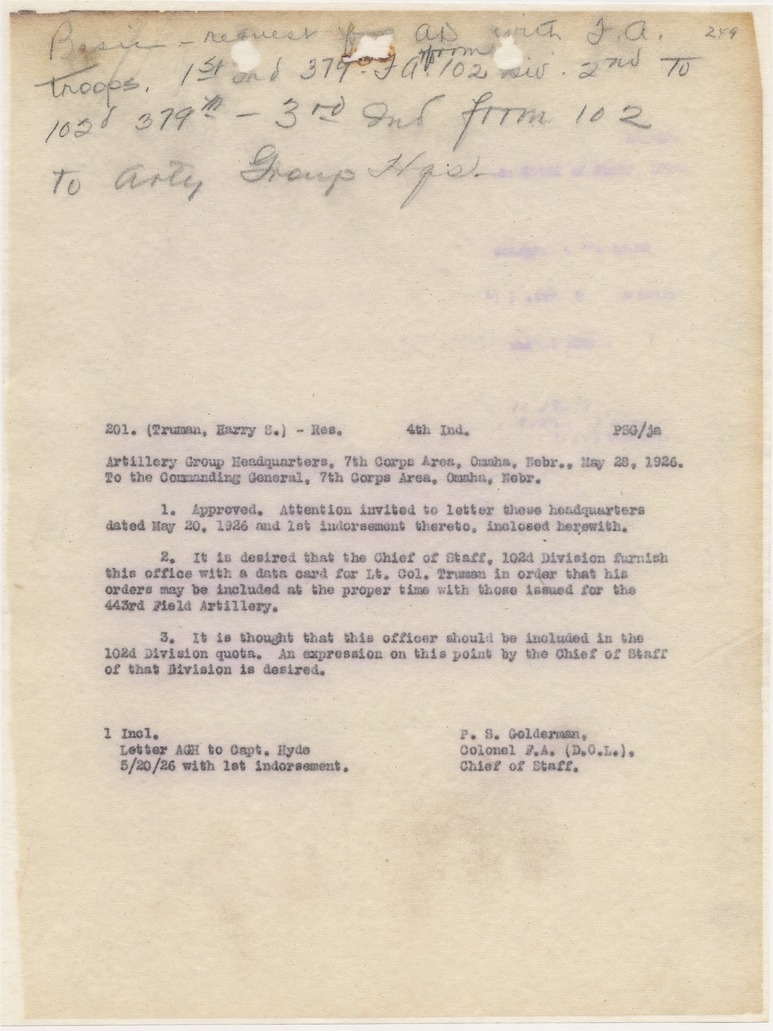 Memorandum from Colonel P. S. Golderman to Commanding General, Seventh Corps Area