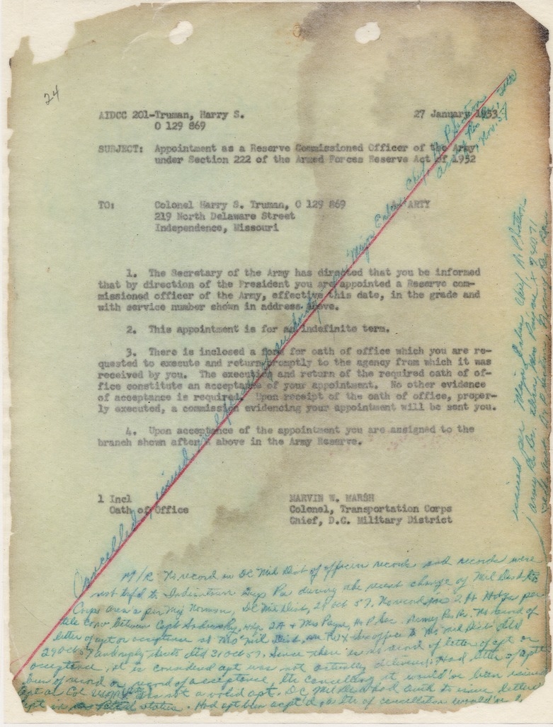 Memorandum from Colonel Marvin W. Marsh to Colonel Harry S. Truman