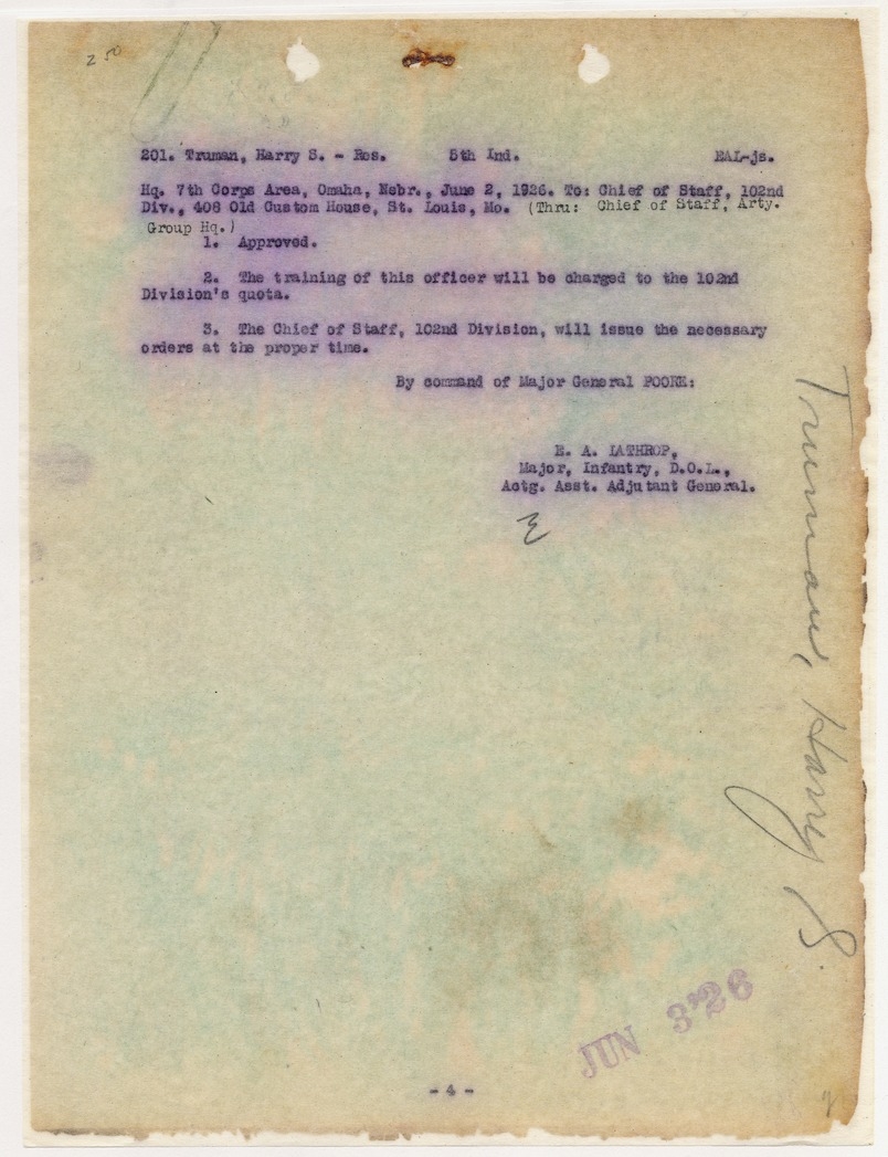 Memorandum from Major E. A. Lathrop to Chief of Staff, 102nd Division