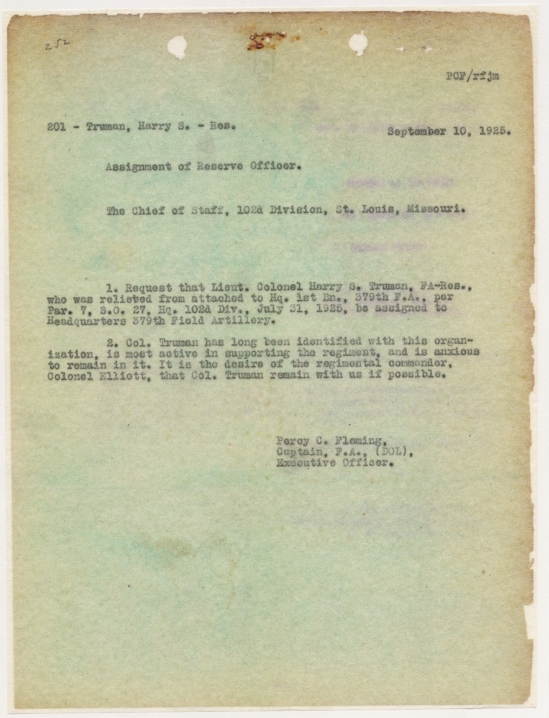 Memorandum from Captain Percy C. Fleming to the Chief of Staff, 102d Division