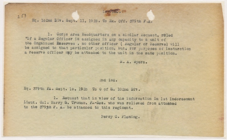 Memorandum from R. A. Byers to the Executive Officer, 379th Field Artillery